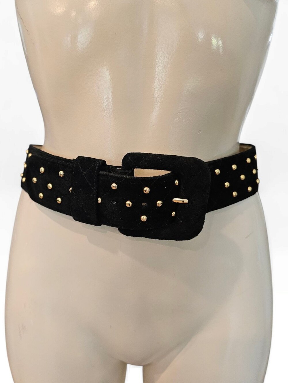 Vtg ANNE KLEIN FOR CALDERON Black Quilted Suede Mini Gold Studs 2" Wide Belt M
